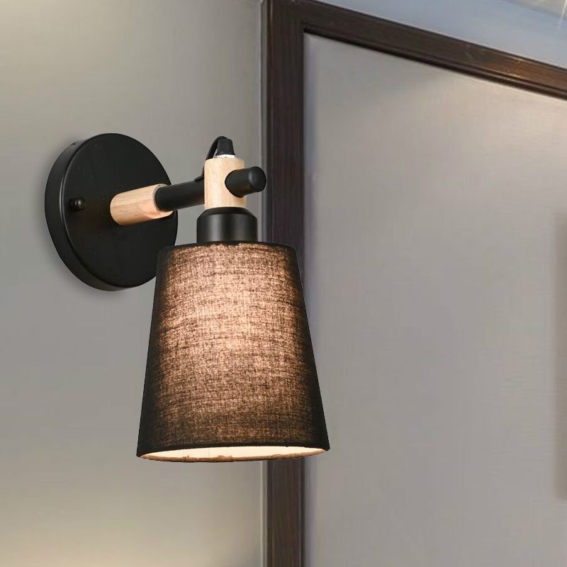Nordic Horn Shade Fabric Wall Lamp 1-Light Sconce Light Fixture in Black/White with Wood Joint