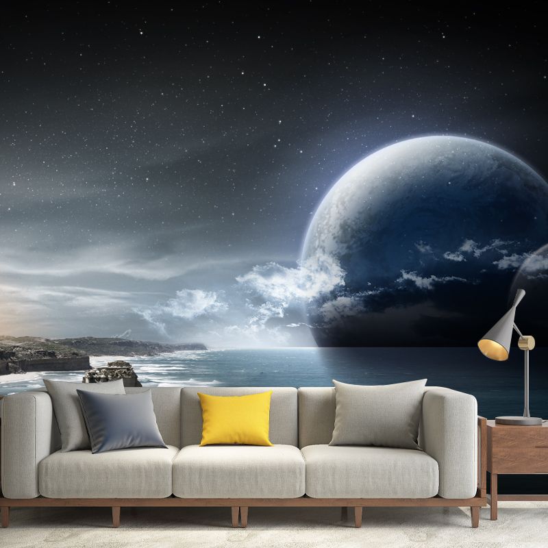 Custom Photo Print Sci-Fi Mural with Big Moon and Ocean Sea at Dawn Pattern in Blue