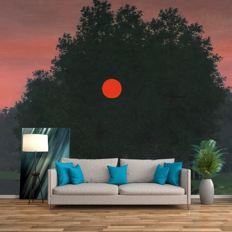 Illustration Forest Sunset Wall Murals for Living Room, Black-Pink, Custom Size Available