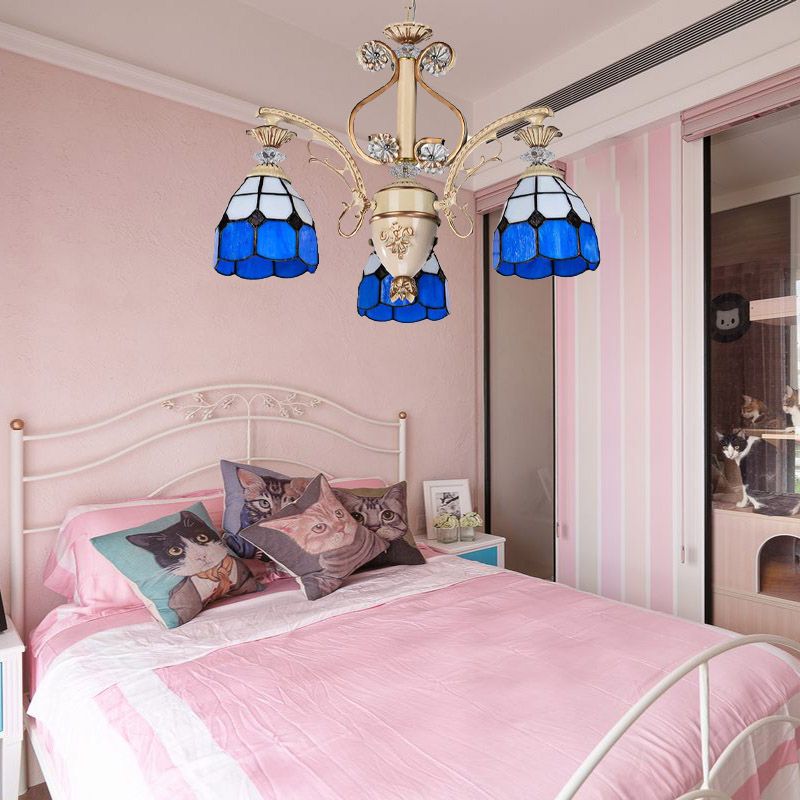 Baroque Dome Shape Chandelier Light 5/9/11 Lights Cut Glass Pendant Lighting Fixture in Blue, 23.5"/31.5"/35.5" Wide