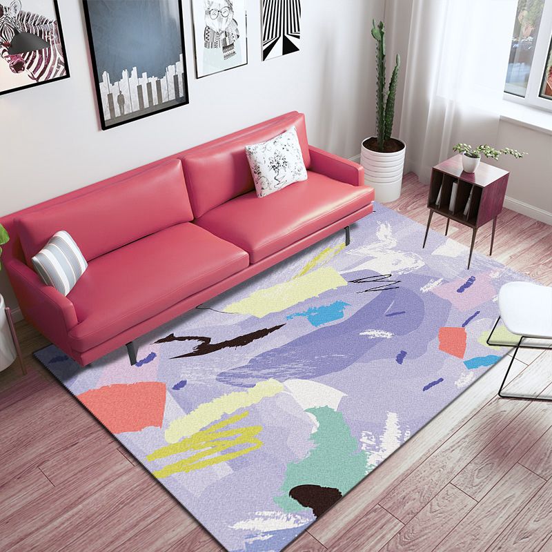 Novelty Abstract Print Rug Purple Multicolor Polyester Rug Washable Non-Slip Backing Carpet for Bedroom