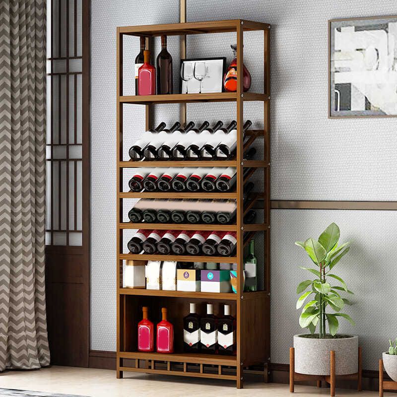 Mid-Century Modern Wine Holder Rack Bamboo Floor Bottle Holder in Brown