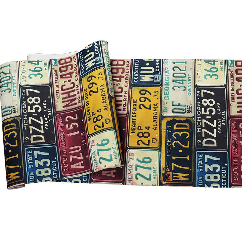 Industrial Wallpaper with European Car Plates and Numbers, 21"W x 33'L, Non-Pasted