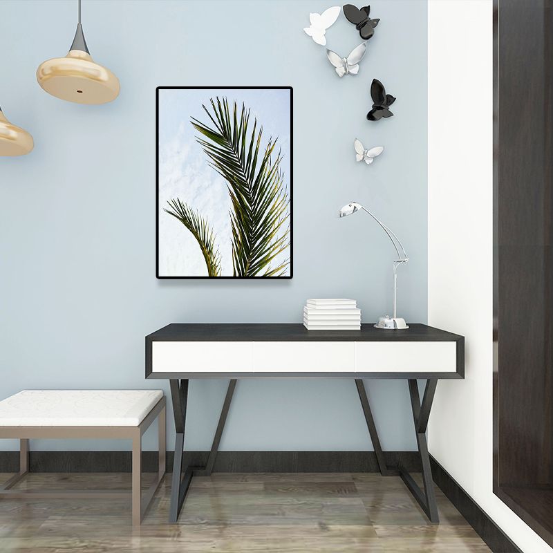 Tropics Palm Tree Branch Canvas Green-Blue Textured Wall Art Decor for Dining Room