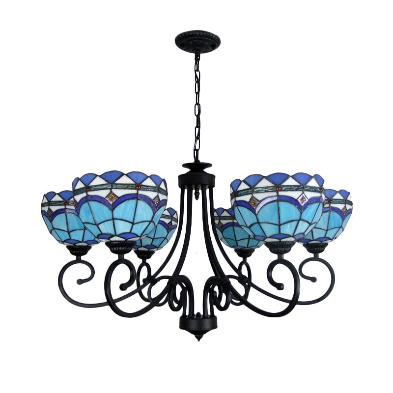 Blue Glass Bowl Chandelier 6 Lights Baroque Pendant Light with Metal Chain for Living Room