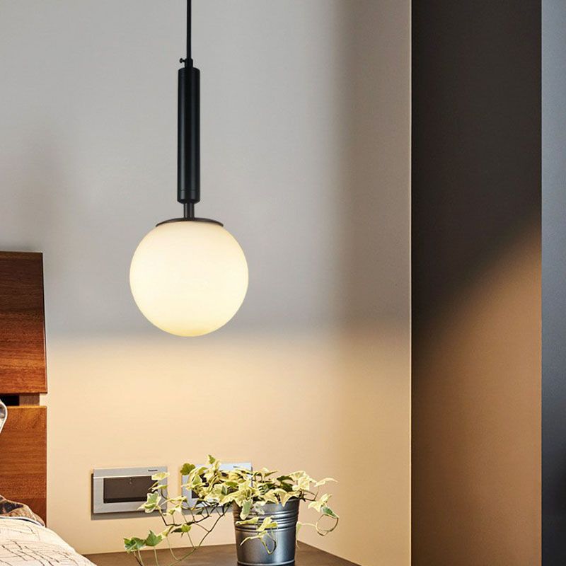 Single-Bulb Bedside Hanging Lamp Simple Pendant Light with Ball White Glass Shade
