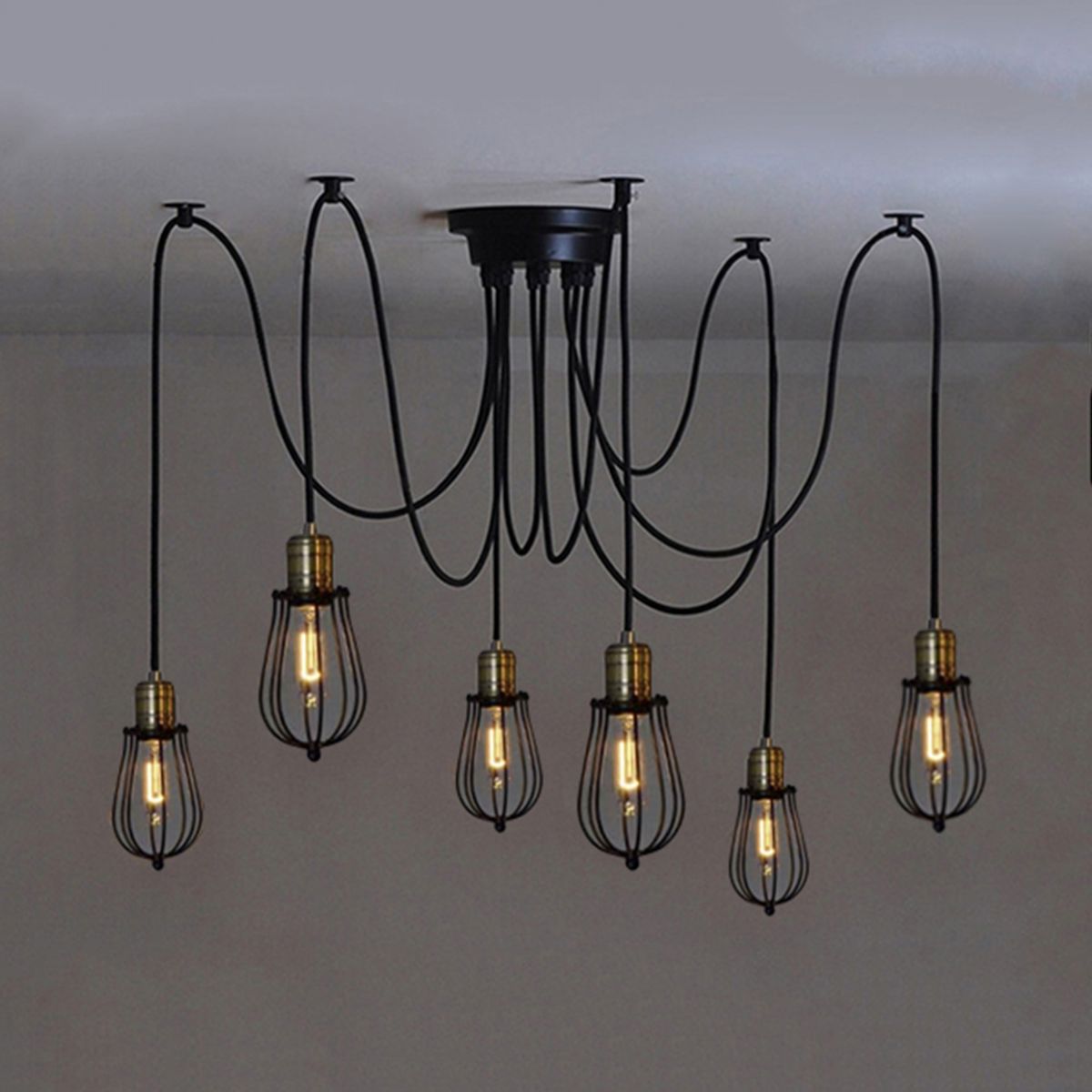Sospensione ragno a 6 luci Light con piccola gabbia Apparecchiatura a soffitto in metallo nero vintage per cucina