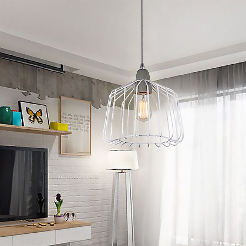Minimalist Cage Shade Metallic Pendulum Light 1 Light Hanging Lamp Kit in White for Bedroom