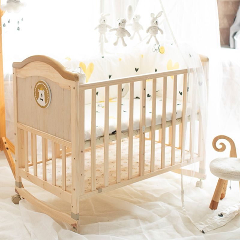 Farmhouse Brown Nursery Bed Wooden Storage Crib with Casters