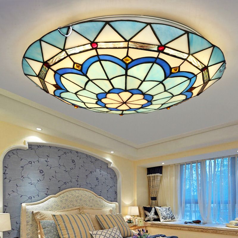 12"/16"/19.5" Wide Baroque Bowl Flush Ceiling Light Stained Glass Indoor Flush Mount Light in Blue/Blue-Brown