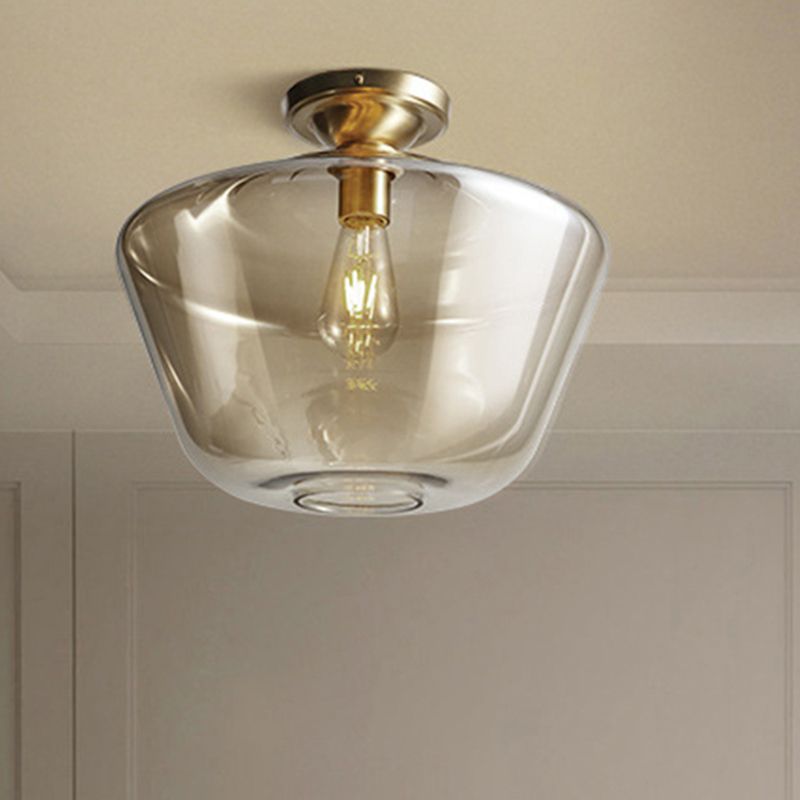 Lámpara de techo de tambor/jarrón con pantalla de cristal ámbar, lámpara de techo contemporánea de 1 luz con acabado de latón