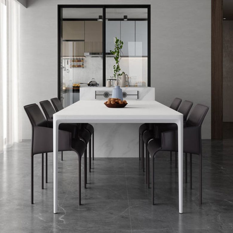 Metal Contemporary Rectangular Dining Table High Gloss White Sintered Stone Table with Metal Legs