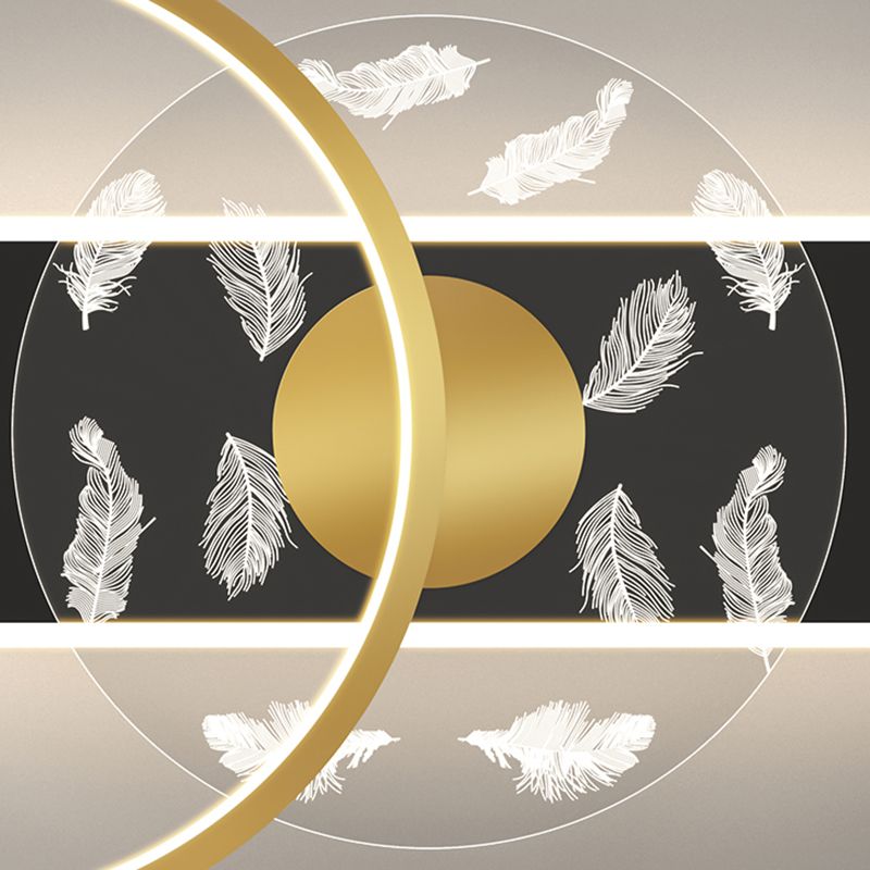 Black and Gold LED Semi Flush Mount in Modern Concise Style Circular Feather Ceiling Light with Acrylic Shade
