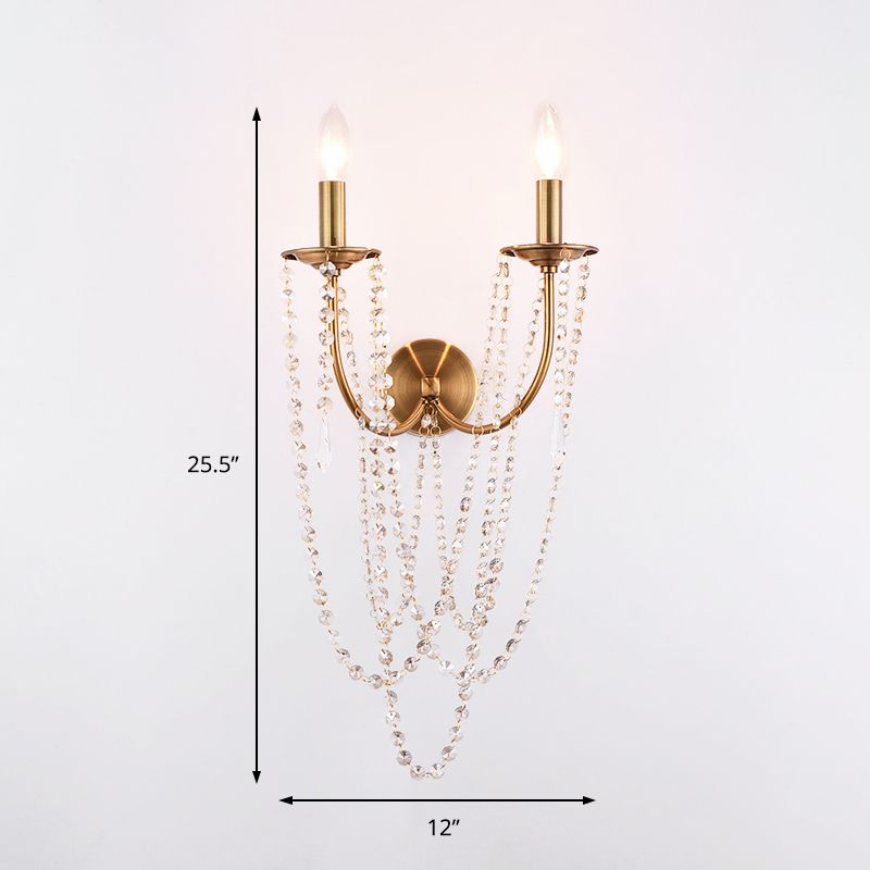 Bare Bulb Wall Sconce French Country Metal 2 Lights Wall Light Fixture with Crystal Beaded Strand in Gold