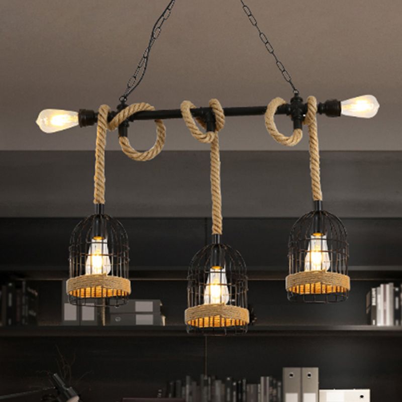 Vintage Shaded Pendant Lighting Iron Hanging Island Light with Hemp Rope in Black
