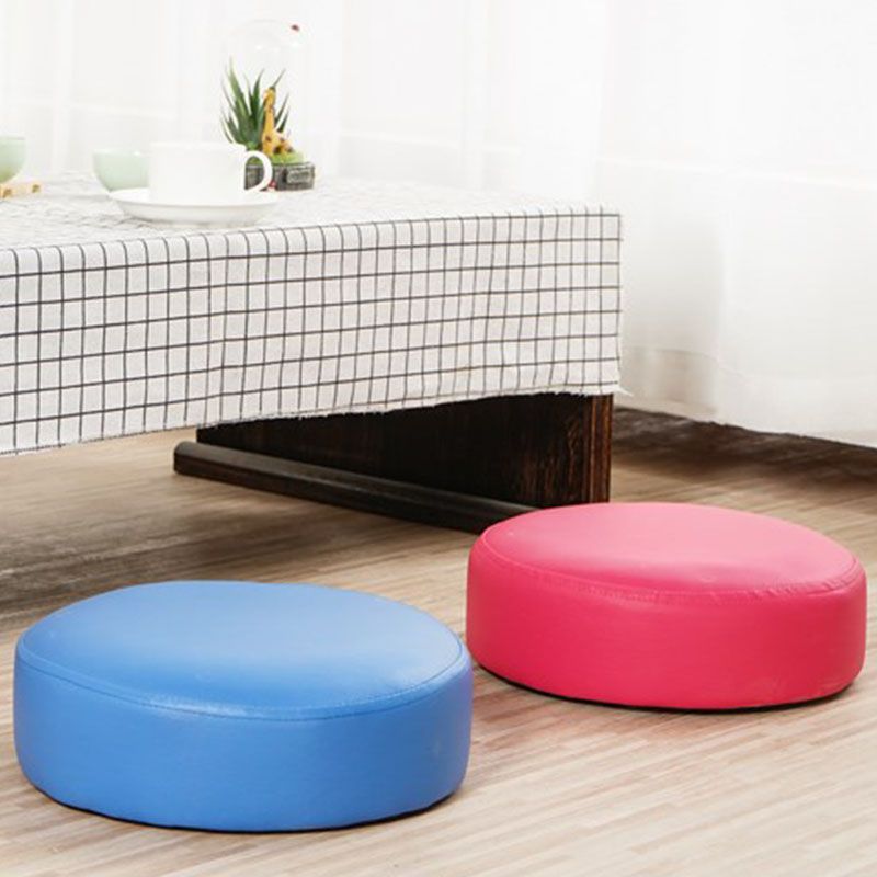 Modern Pouf Ottoman Faux Leather Upholstered Solid Color Round Ottoman with Wheels