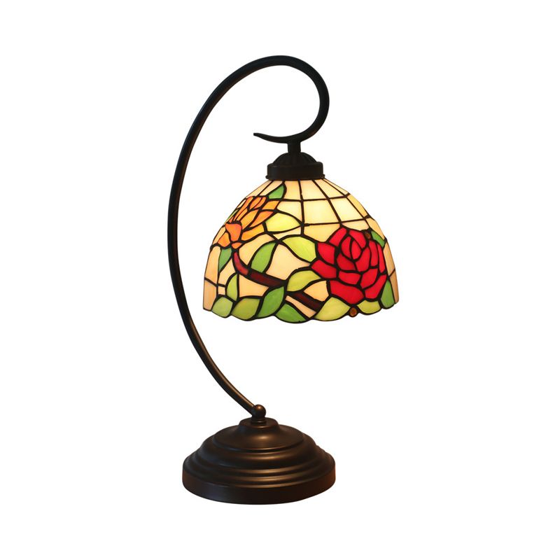 Bronze Curvy Night Light Baroque 1 Head Metal Red/Pink Rose/Tulip Patterned Desk Lighting with Bowl Cut Glass Shade