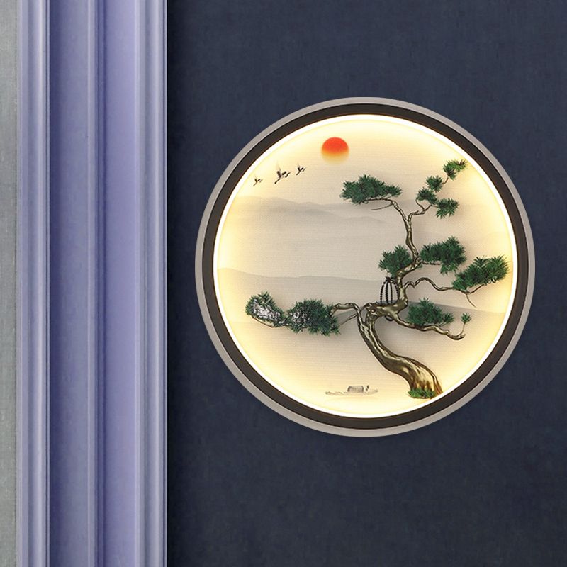 Green Pine Mural Light Fixture Asian Metal LED Wall Mounted Lamp with Black Round Frame