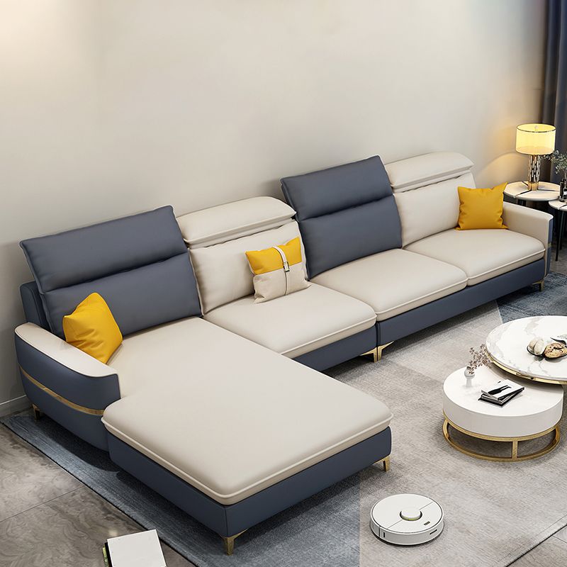 Glam Sectional Sofa Beige Leather Sectional with Bostol Pillows