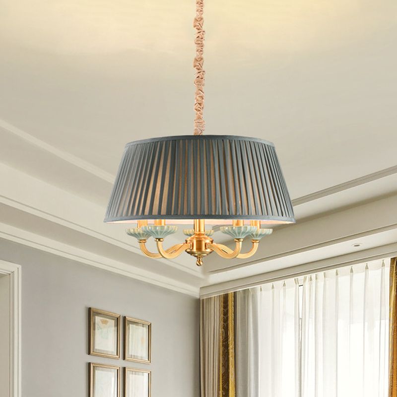 Lampada del tamburo in ottone Plotochi di tamburo in tessuto Rustico 5 teste Sala da pranzo a sospensione Luce a sospensione