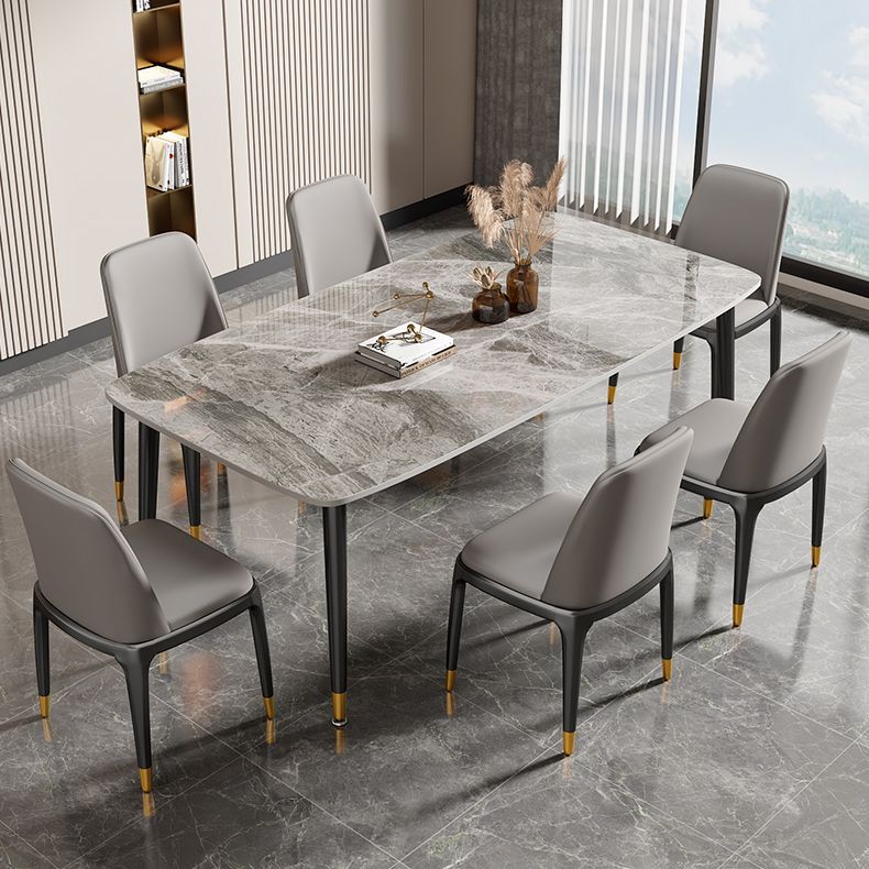 Rectangle Stone Top Dining Table Glam Style Kitchen Dining Table with Black Legs
