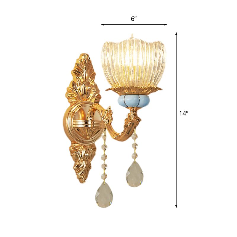 Single Ribbed Glass Wall Lamp Retro Gold Flower Bedroom Wall Mount Light Fixture