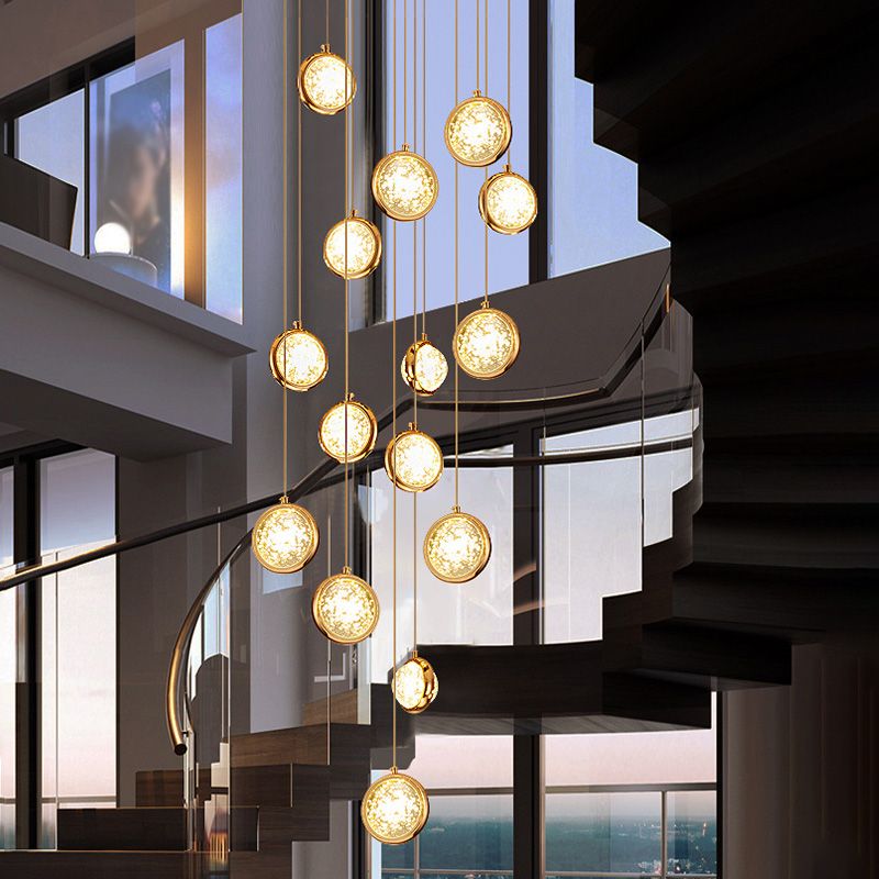 15 Head Modern Nordic Style Pendant Clear Crystal Hanging Ceiling Light for Spiral Stair