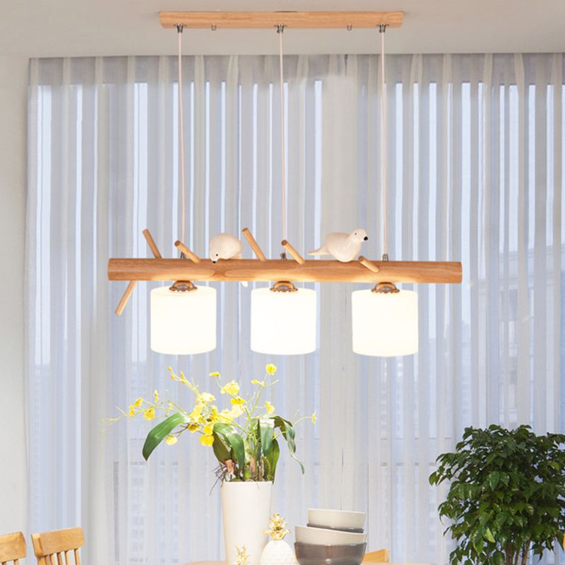 Wood Cylinder Hanging Island Light Modern Style Island Lighting Fixture in Beige