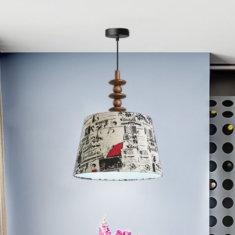 1 Bulb Fabric Suspension Light Countryside Fabric White Conical Script Printing Dining Room Drop Pendant
