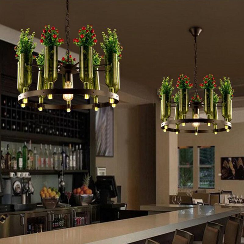 Iron Circular Chandelier Pendant Country Single Restaurant Suspension Lamp in Black with Glass Pot and Plant