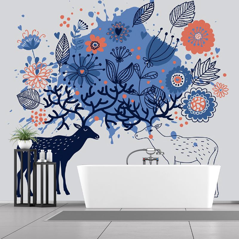 Childrens Art Sika Deer Mural Blue Stain-Resistant Wall Decor for Bedroom, Non-Woven