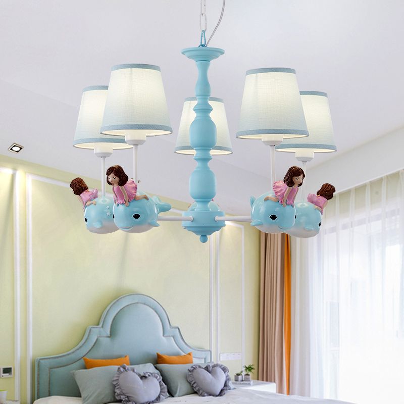 Empire Shade Girls Bedroom Chandelier Fabric Kids Style Hanging Light avec décor de baleine
