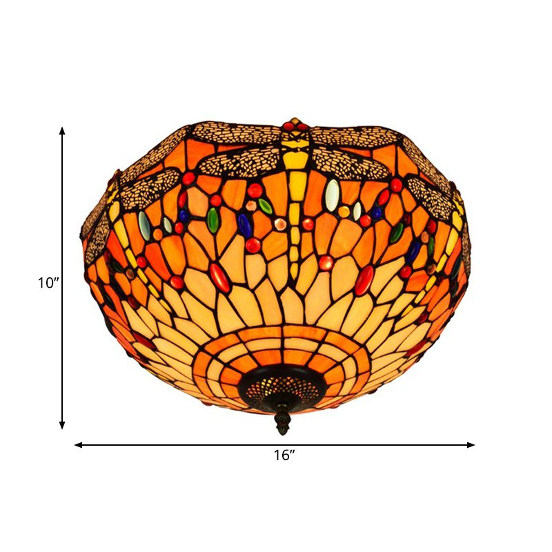 3 Heads Living Room Ceiling Mounted Fixture Tiffany Red/Yellow/Orange Flush Mount Lamp with Dragonfly Stained Glass Shade