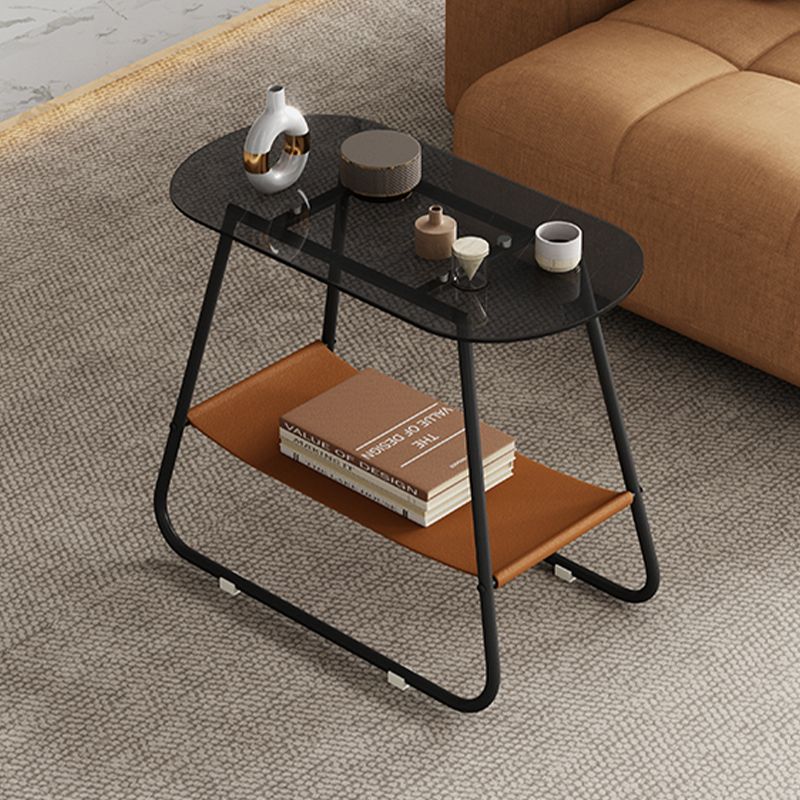 End Table Glass Sled with Storage Oval Contemporary Double Tier Side Table