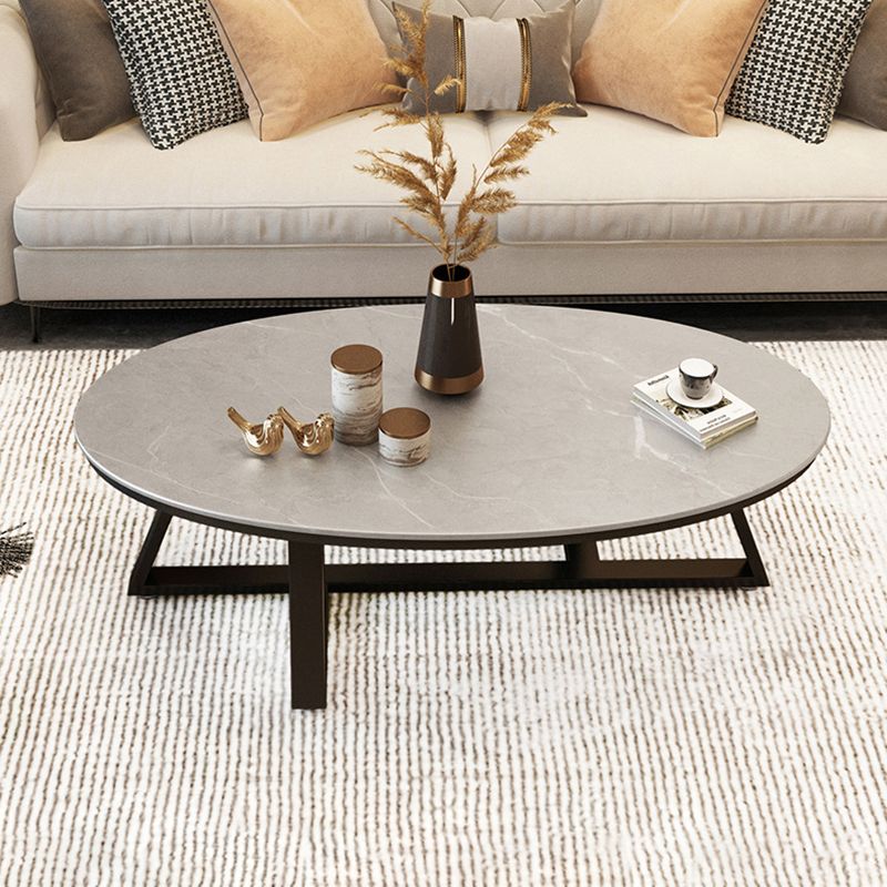 Cross Legs Coffee Table with Stone Oval Top and Iron Base Cocktail Table