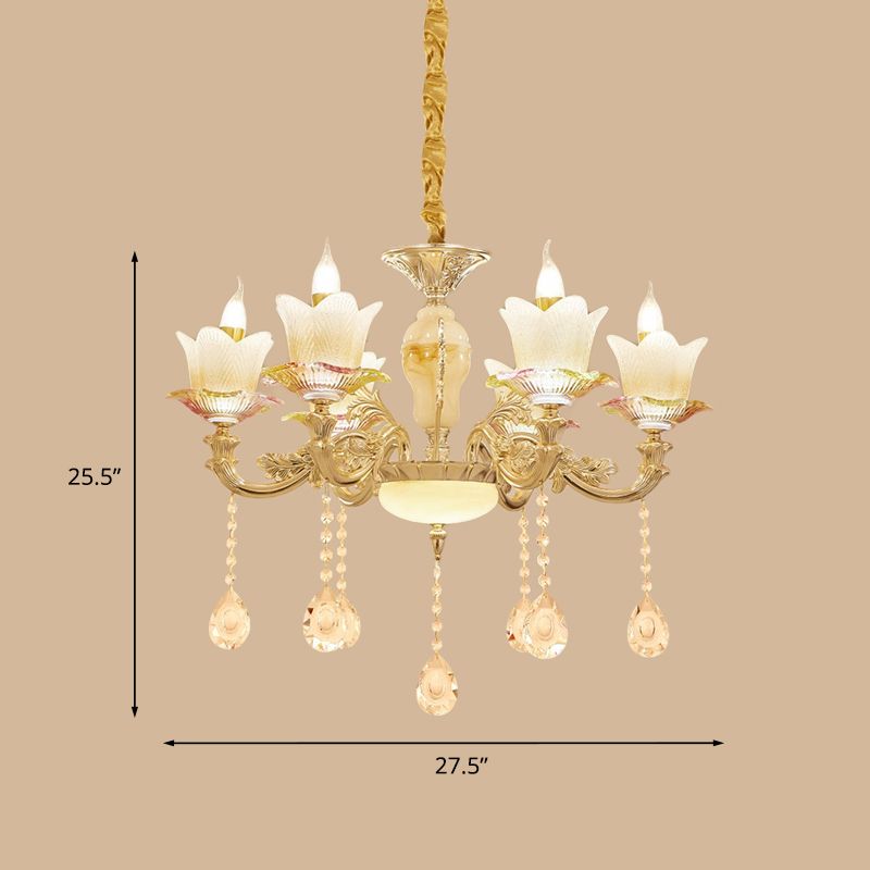 Floral Family Room Ceiling Chandelier Antique White Glass 6-Head Gold Hanging Light Fixture