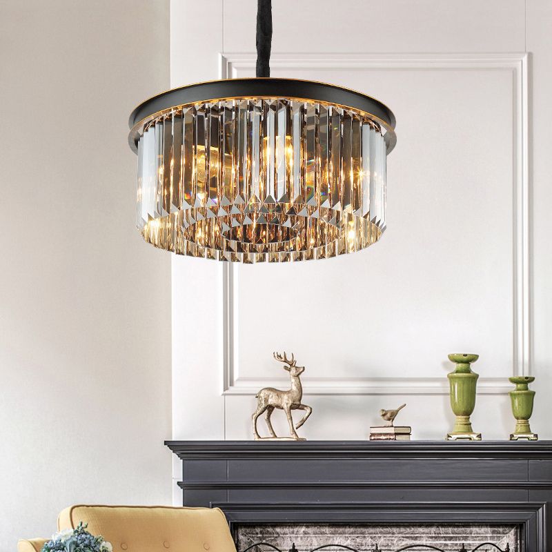 Black Drum Hanging Chandelier Modern 6/12 Lights Crystal Shaded Pendant Light for Living Room