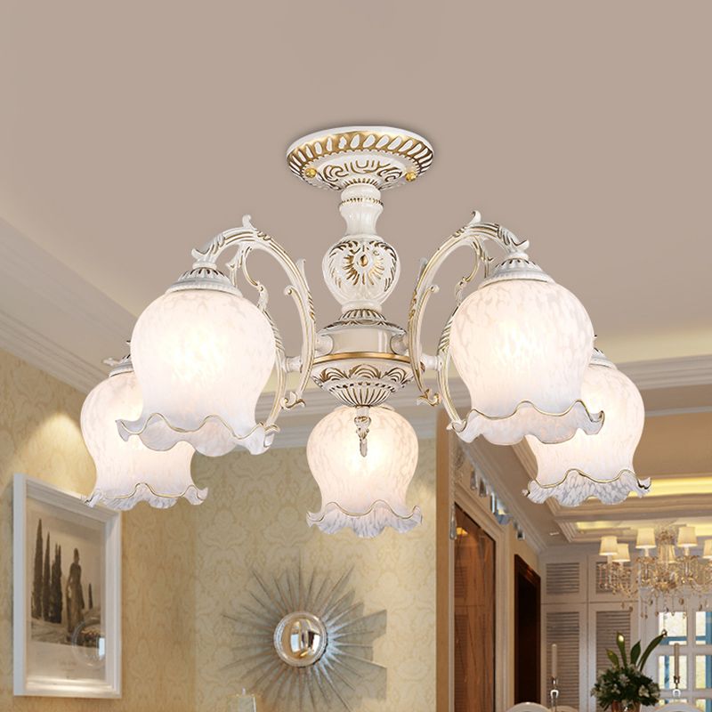 Blume Wohnzimmer semi Flush Rustikale Weiss Glas 3/5/6 Bulben Beige Flush Mount Light Halterung