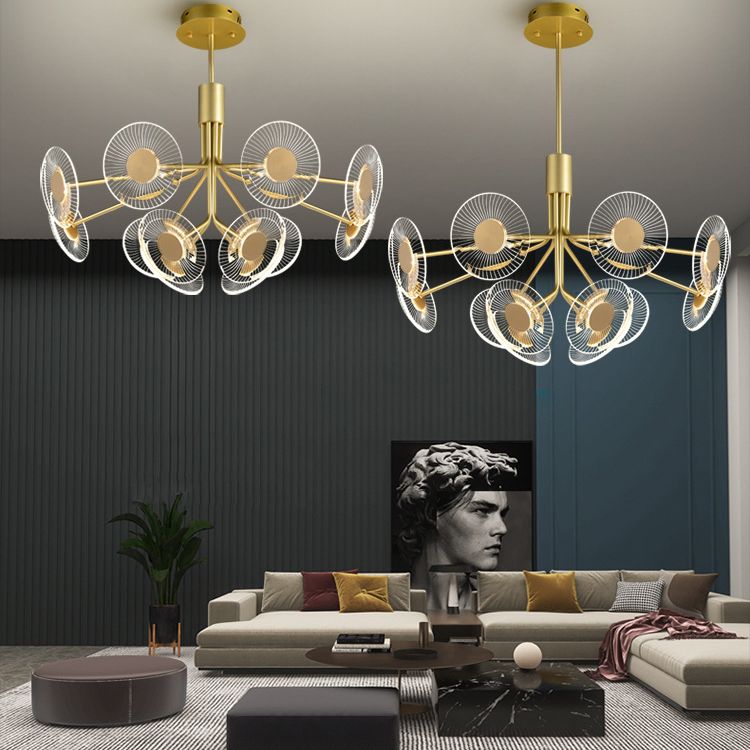 Lámpara de araña radial dorada Luz de suspensión acrílica de LED posmoderna para sala de estar