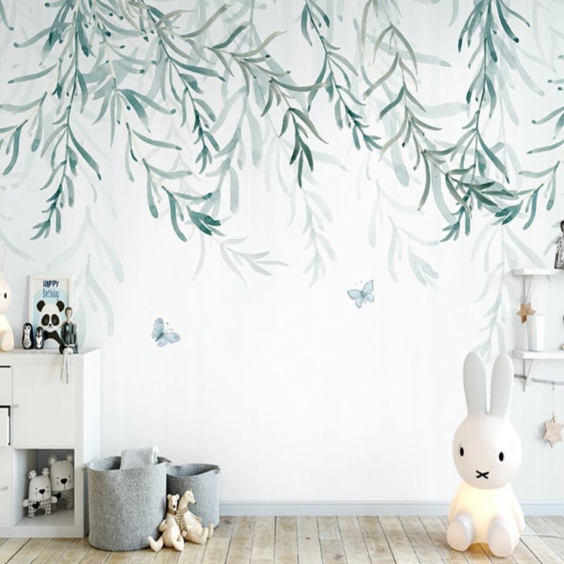 Custom Illustration Nordic Mural Wallpaper for Home Decoration with Willow Tree Design in Green and White