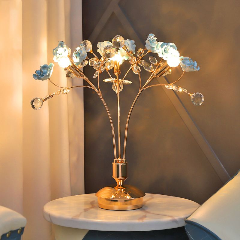 3 Bulbs Gold Ball Desk Lamp Modern Faceted Crystal Nightstand Light with Ceramic Flower Design