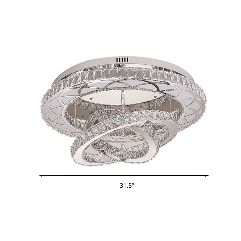 23.5“/31.5” Wide Ring Crystal Flush Mount Lamp Modern LED Living Room Ceiling Mounted Fixture in Chrome