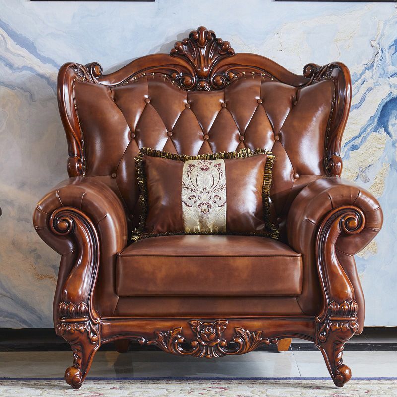 Traditional Tufted Split-Back Seating Flared Arm Sofa with Pillows in Brown