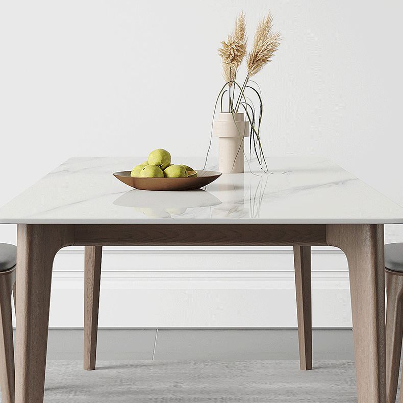 Mid-Century Rectangle Dining Table Stone Dining Table with Solid Wood Legs