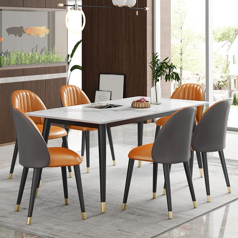 Contemporary Style Sintered Stone Dining Set with White Table and 4 Black Legs Base