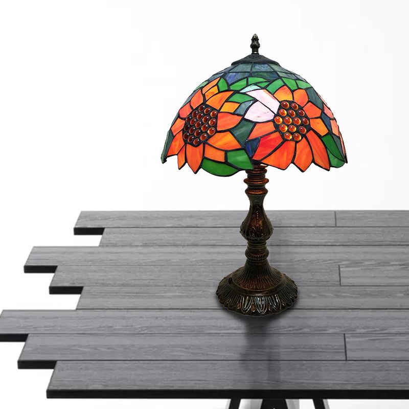 Rustic Tiffany Sunflower Desk Light 1 Head Stained Glass Cone/Dome/Bowl Table Light in Orange for Bedroom
