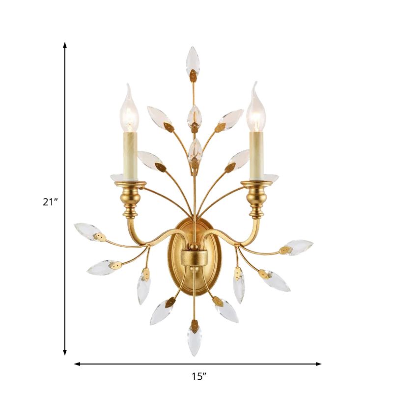 Rustic 2 Light Wall Mount Light with Crystal Leaf Decoration Brass Branch Wall Mount Light