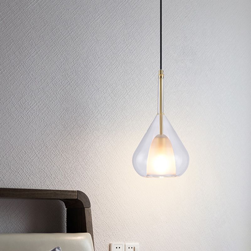1 Light Bedroom Hanging Lighting Simple Gold Pendulum Lamp with Waterdrop Clear Glass Shade