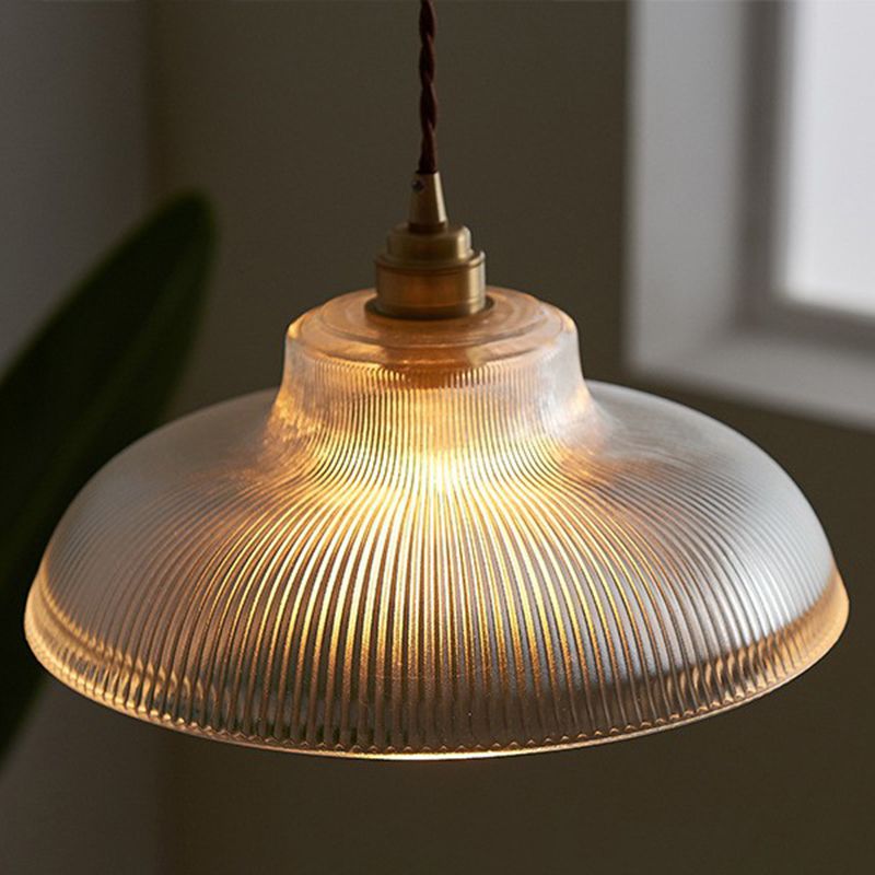 Bowl Shaped Cafe Pendant Lighting Retro Clear Striped Glass Single Brass Hanging Lamp
