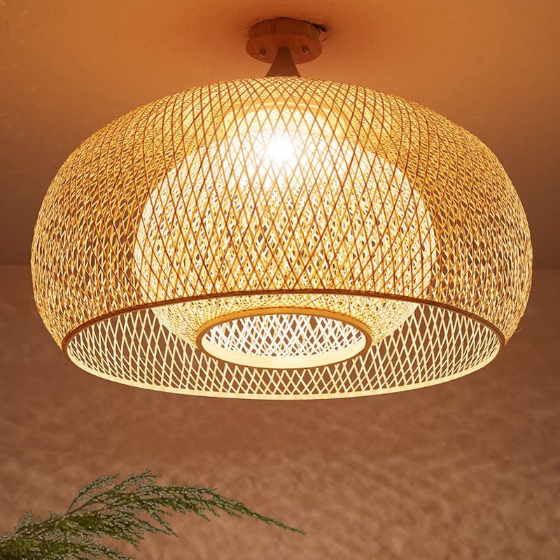 Japanese Hand Woven Semi-Flush Mount Bamboo 1 Head Close to Ceiling Lamp in Wood